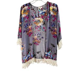 UMGEE Women’s Floral Open Front Cardigan Jacket Fringed Boho Hippie Size Medium
